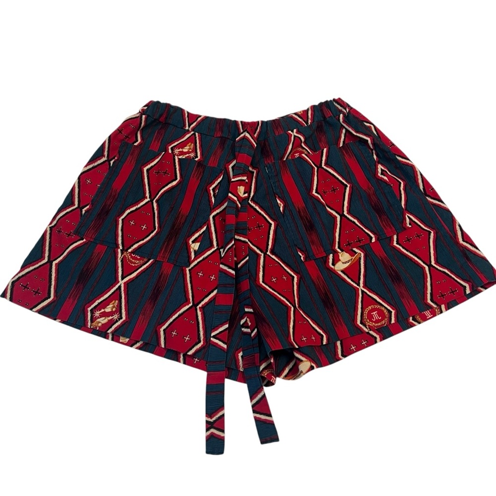 Western Boho Red Print Shorts with Cowboy Hat and Boot Pattern Size Small‎